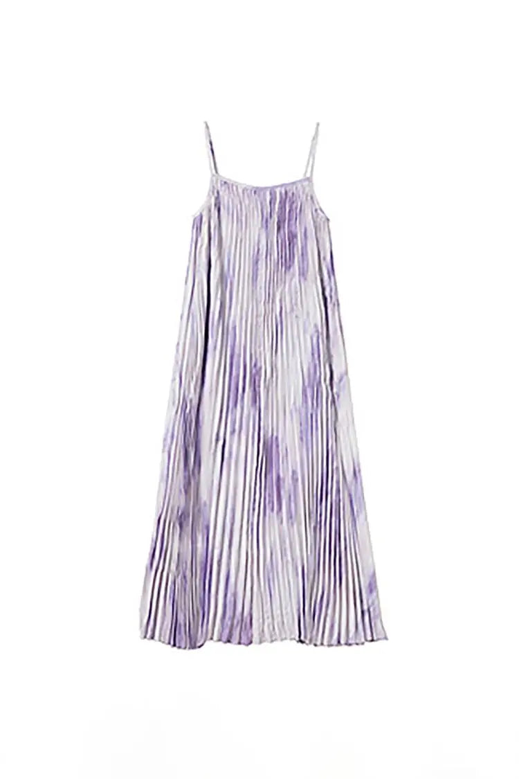 Tie Dye Pleated Spaghetti Strap Beach Dress