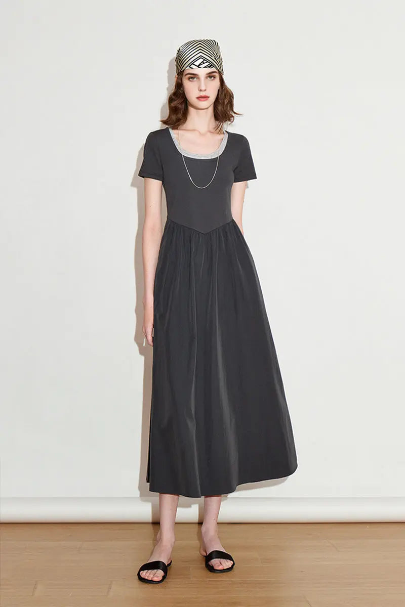 Cotton Short-Sleeve Mixed-Media Fit & Flare Midi Dress