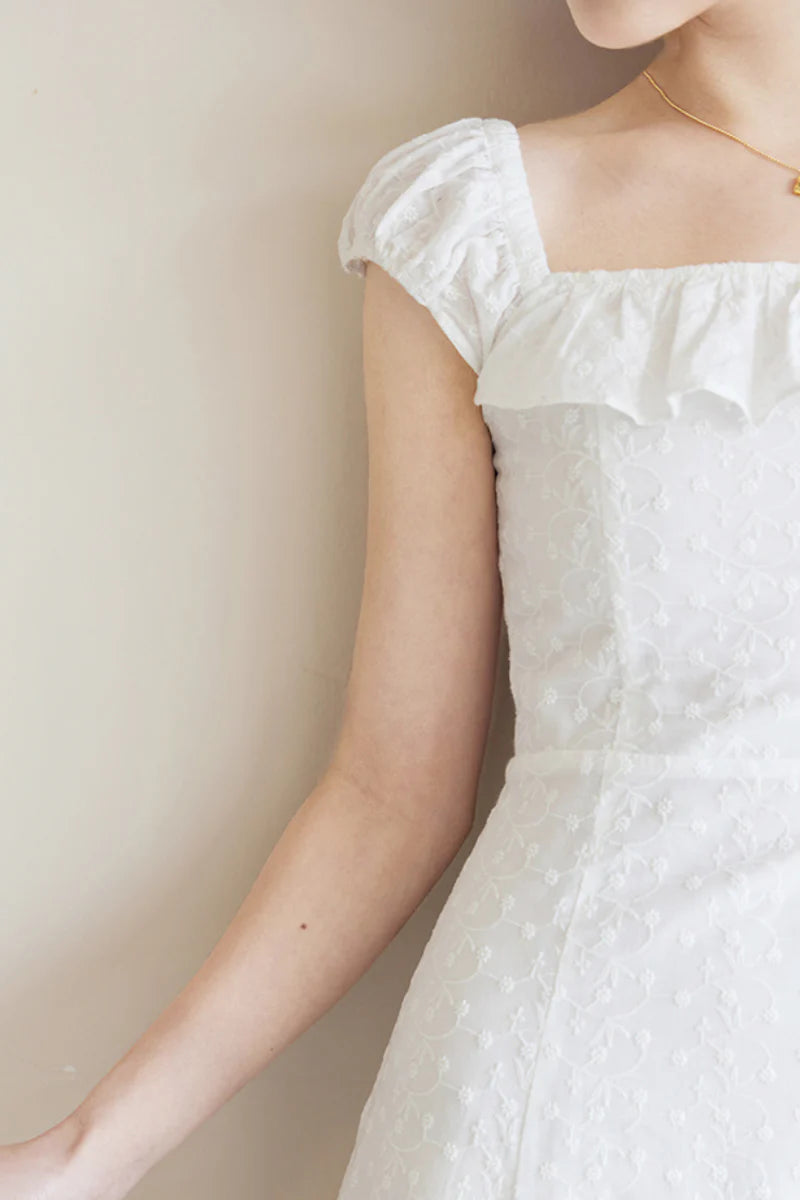 White Cotton Embroidery Off-Shoulder Midi Dress