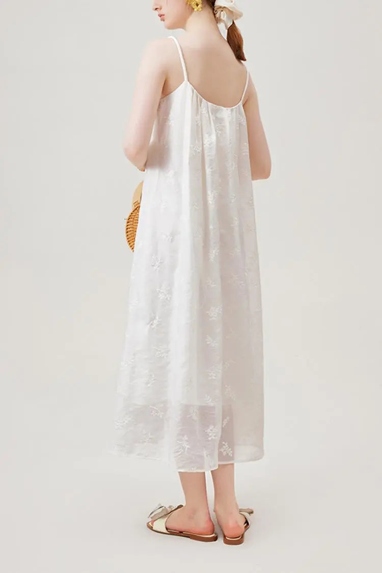 White Flowy Halter Embroidered Dress