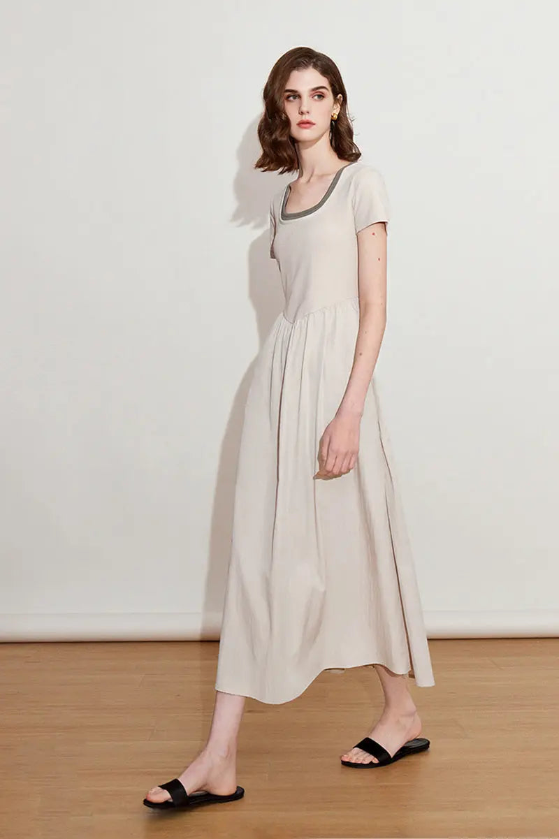 Cotton Short-Sleeve Mixed-Media Fit & Flare Midi Dress