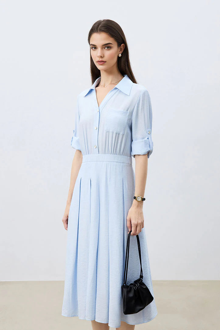 Baby Blue Long Sleeve Midi Shirt Dress