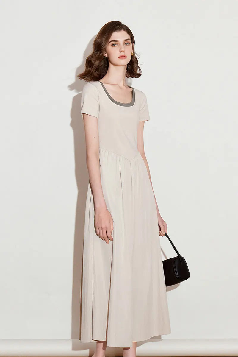 Cotton Short-Sleeve Mixed-Media Fit & Flare Midi Dress