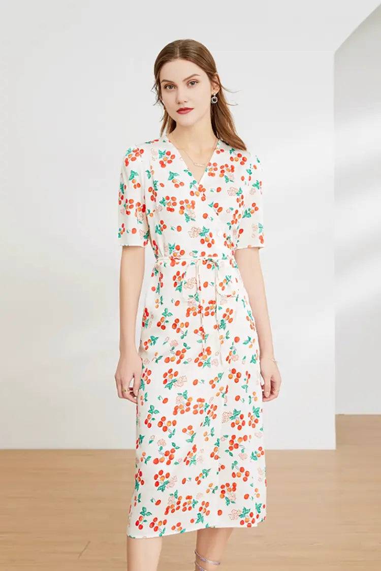 Floral Print V Neck Short Sleeve Dress