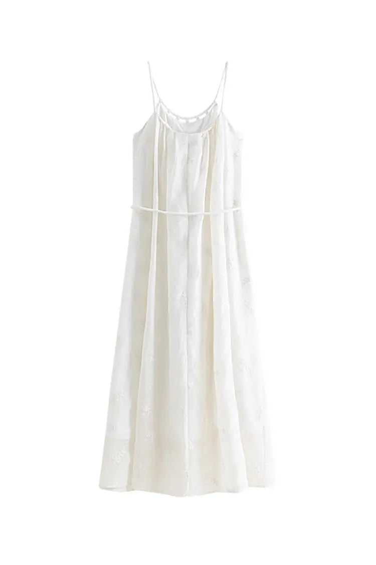 White Flowy Halter Embroidered Dress