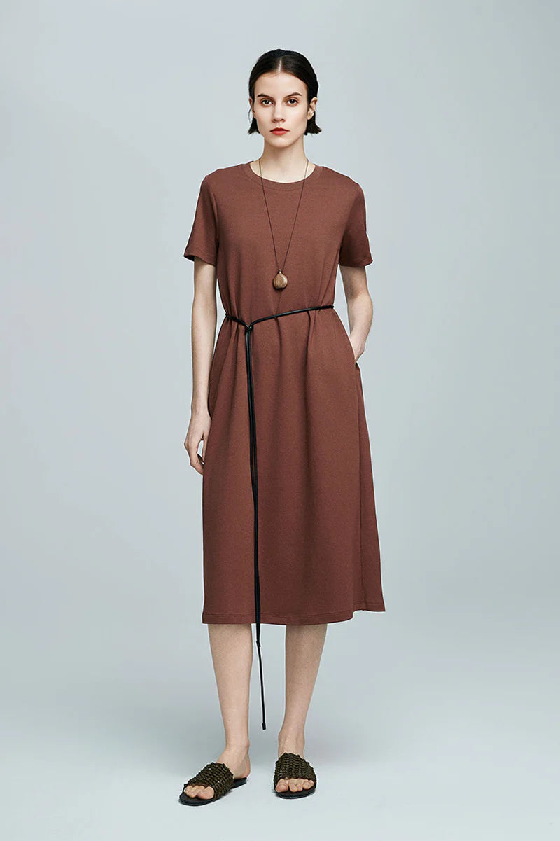 Brown Midi T-Shirt Dress with Pockets
