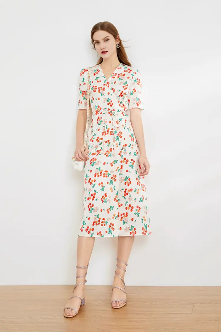 Floral Print V Neck Short Sleeve Dress