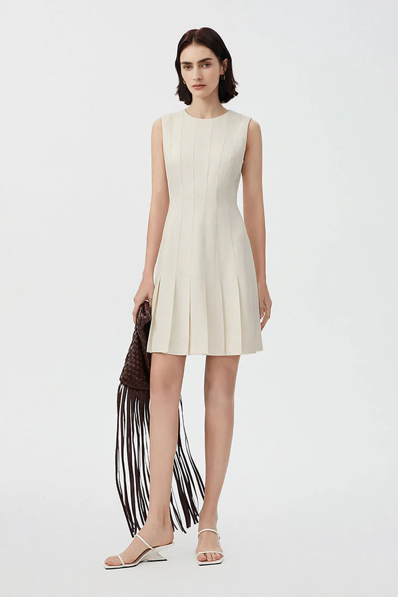 White Pleated Sleeveless A-Line Mini Dress in Triacetate