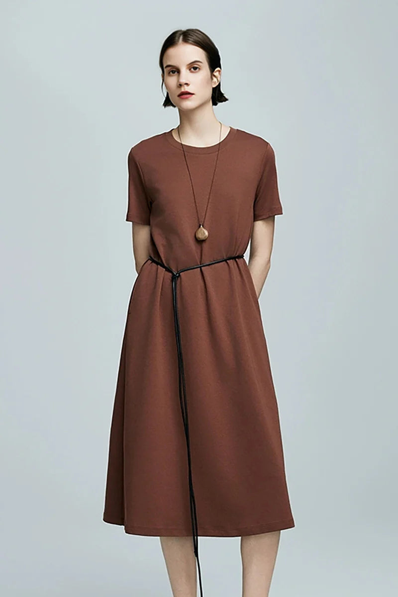 Brown Midi T-Shirt Dress with Pockets