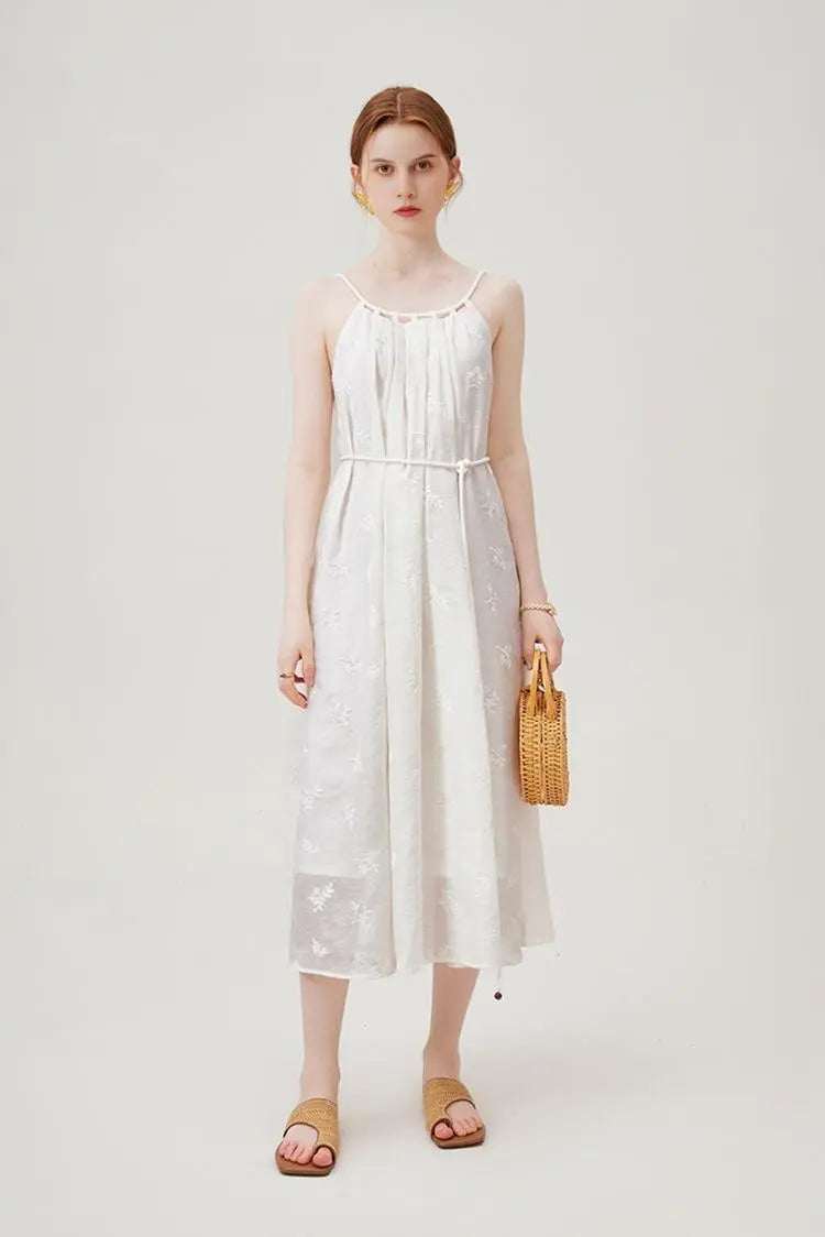 White Flowy Halter Embroidered Dress