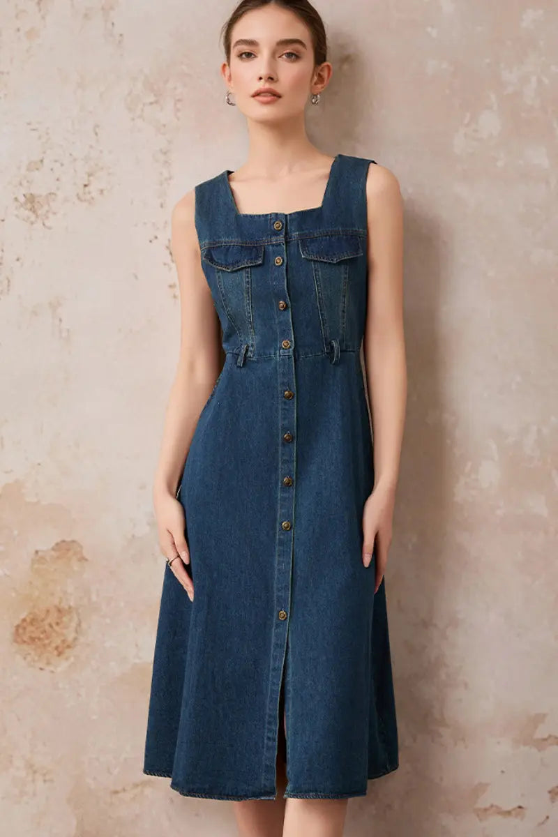 Denim Sleeveless A-Line Midi Shirt Dress