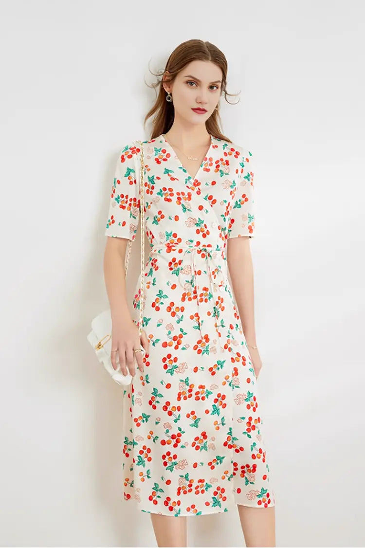 Floral Print V Neck Short Sleeve Dress