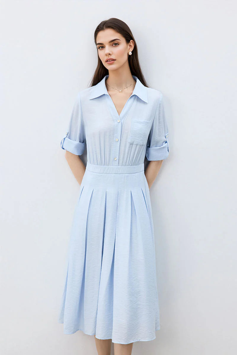 Baby Blue Long Sleeve Midi Shirt Dress