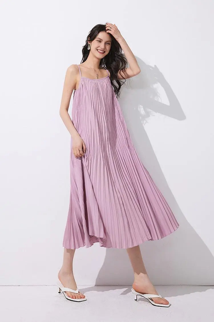 Tie Dye Pleated Spaghetti Strap Beach Dress