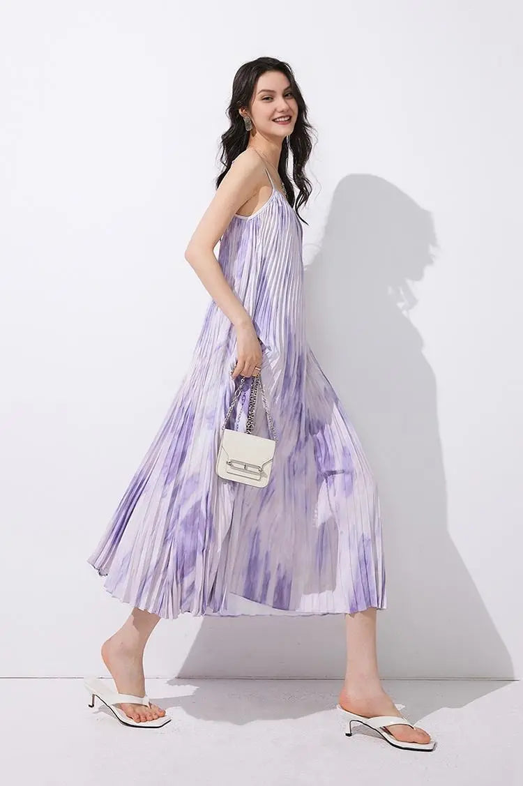 Tie Dye Pleated Spaghetti Strap Beach Dress