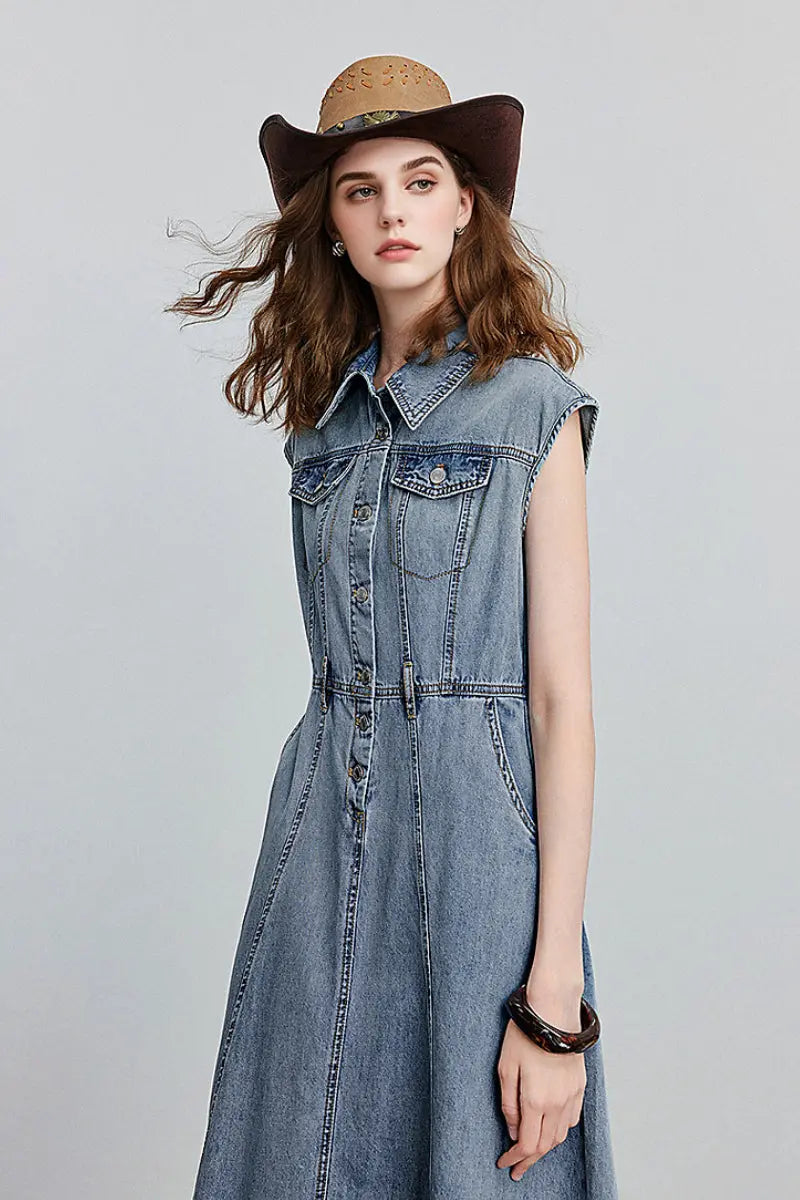 Vintage-Inspired Sleeveless Utility Denim Midi Dress