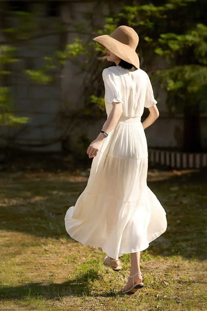 White Silky Tiered Puff-Sleeve Maxi Dress