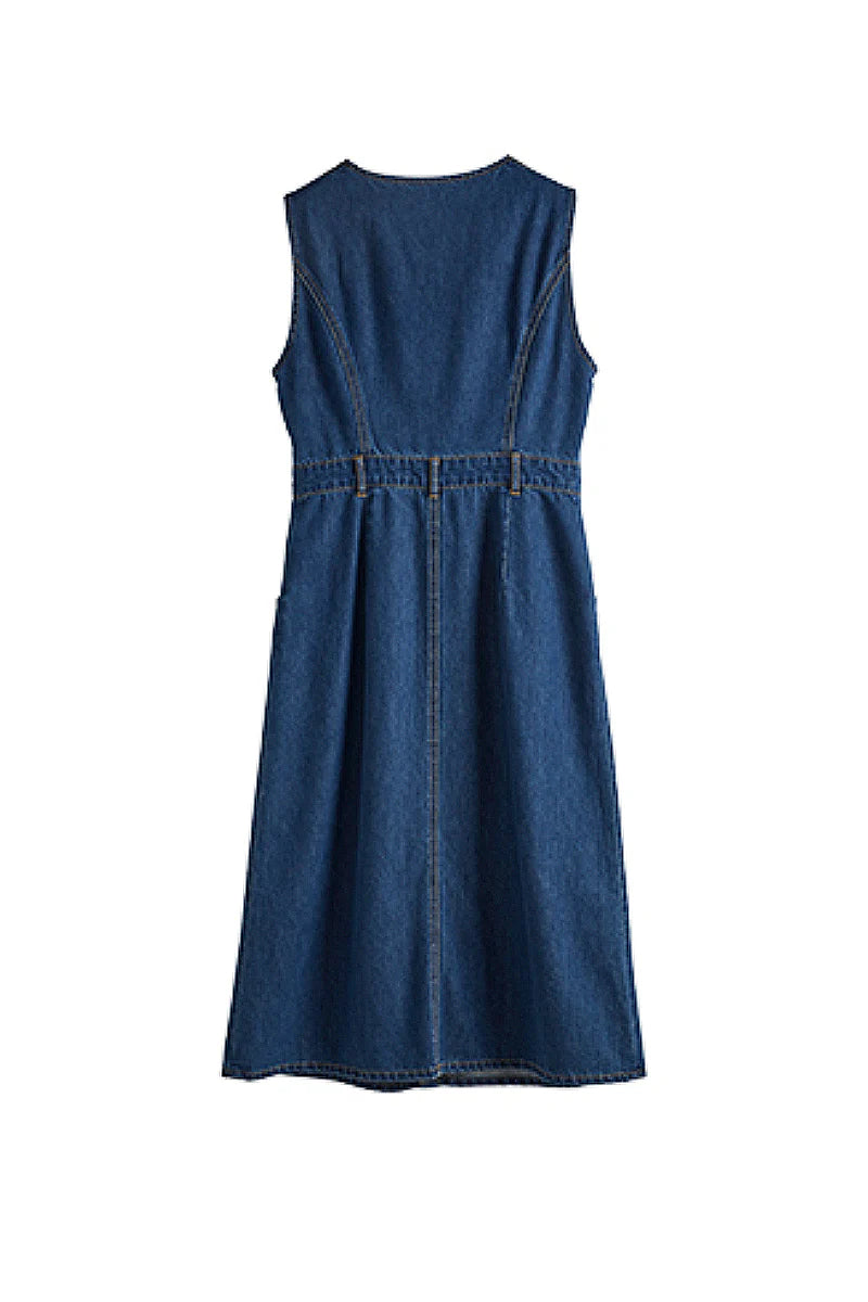 Denim Sleeveless A-Line Midi Shirt Dress