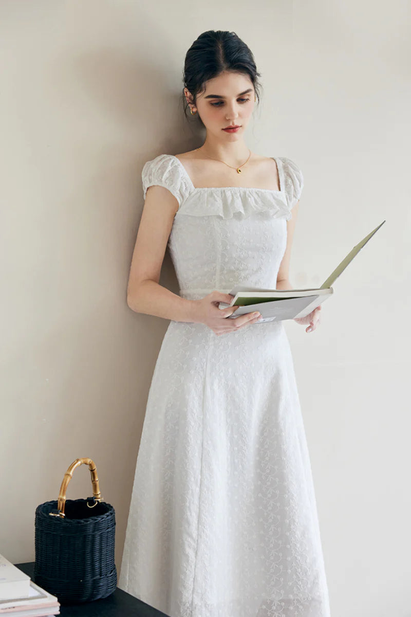 White Cotton Embroidery Off-Shoulder Midi Dress