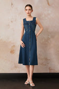 Denim Sleeveless A-Line Midi Shirt Dress