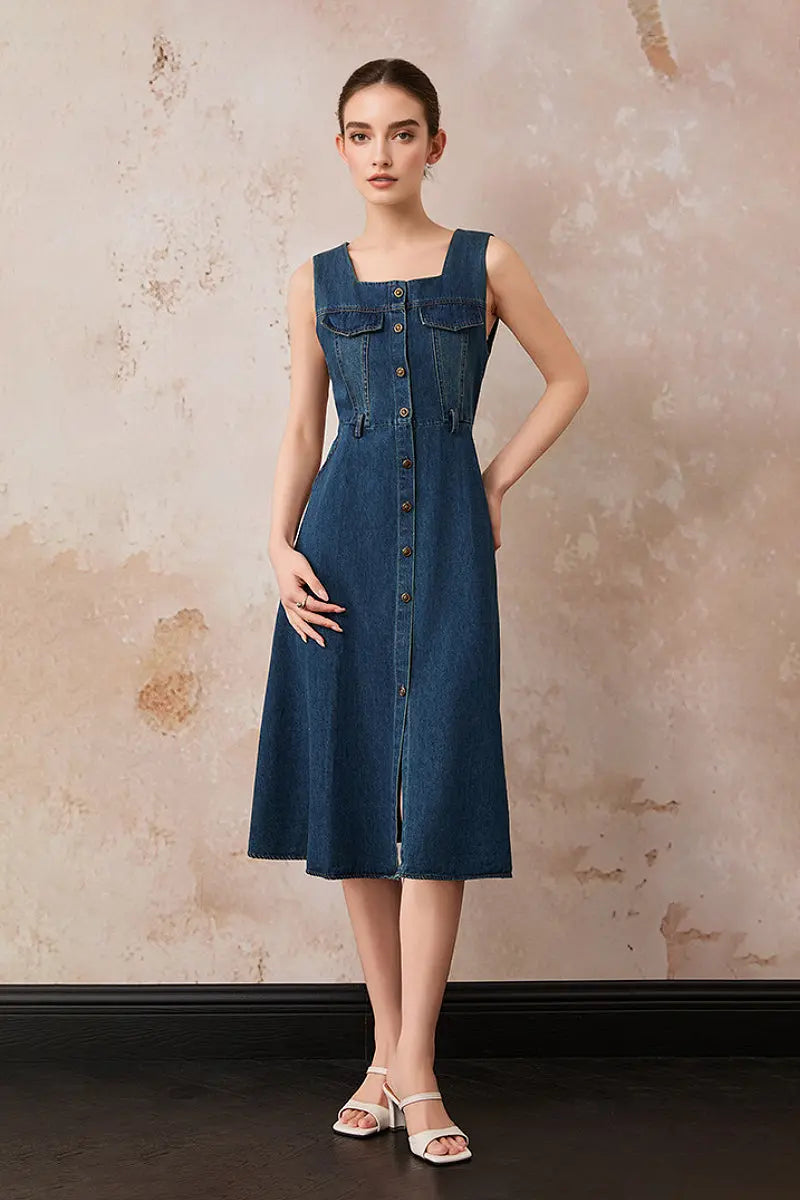 Denim Sleeveless A-Line Midi Shirt Dress