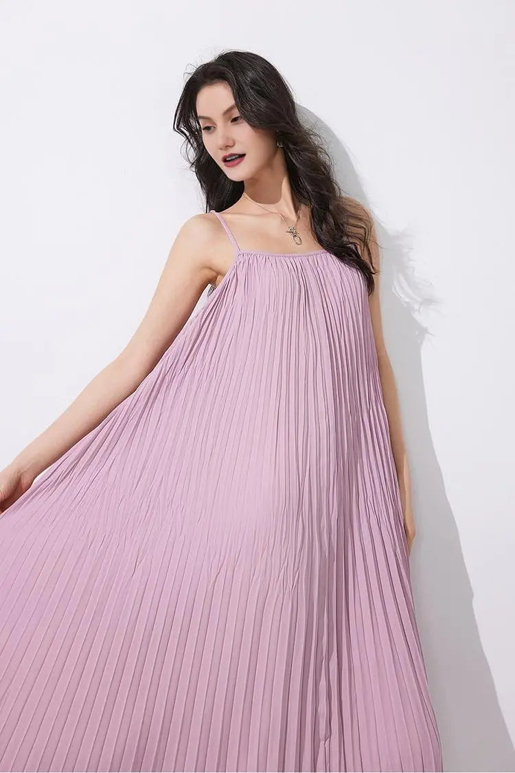 Tie Dye Pleated Spaghetti Strap Beach Dress