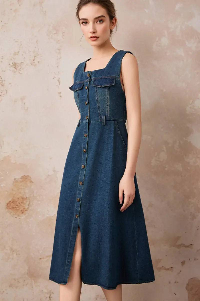 Denim Sleeveless A-Line Midi Shirt Dress