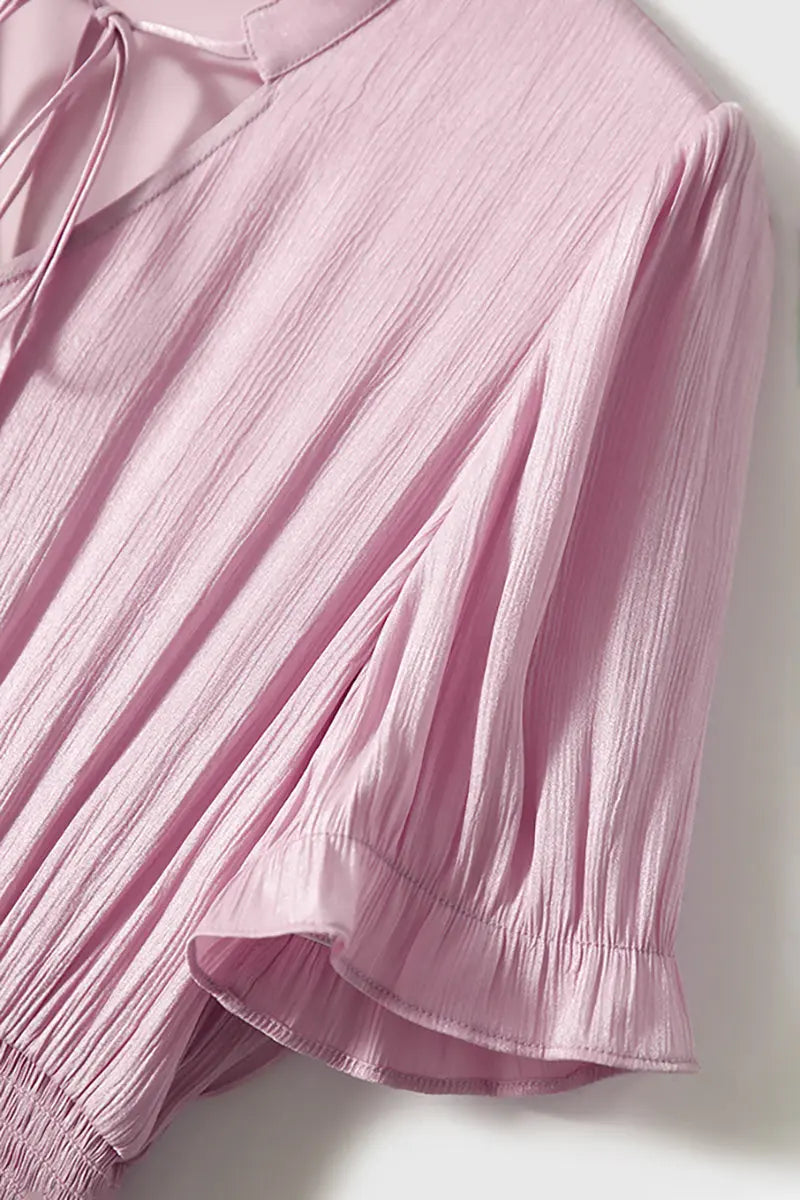 Pink Silky Tiered Puff-Sleeve Maxi Dress