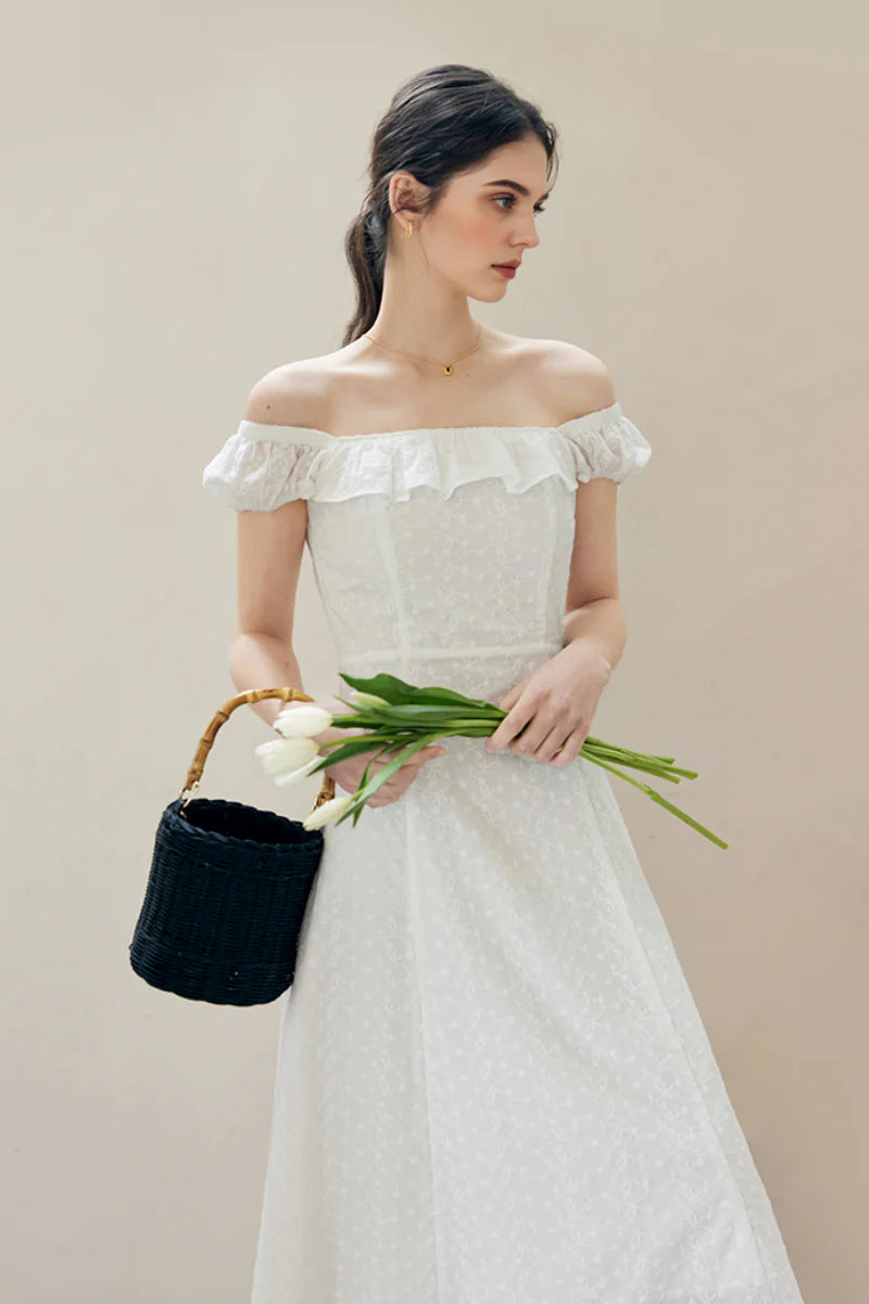 White Cotton Embroidery Off-Shoulder Midi Dress