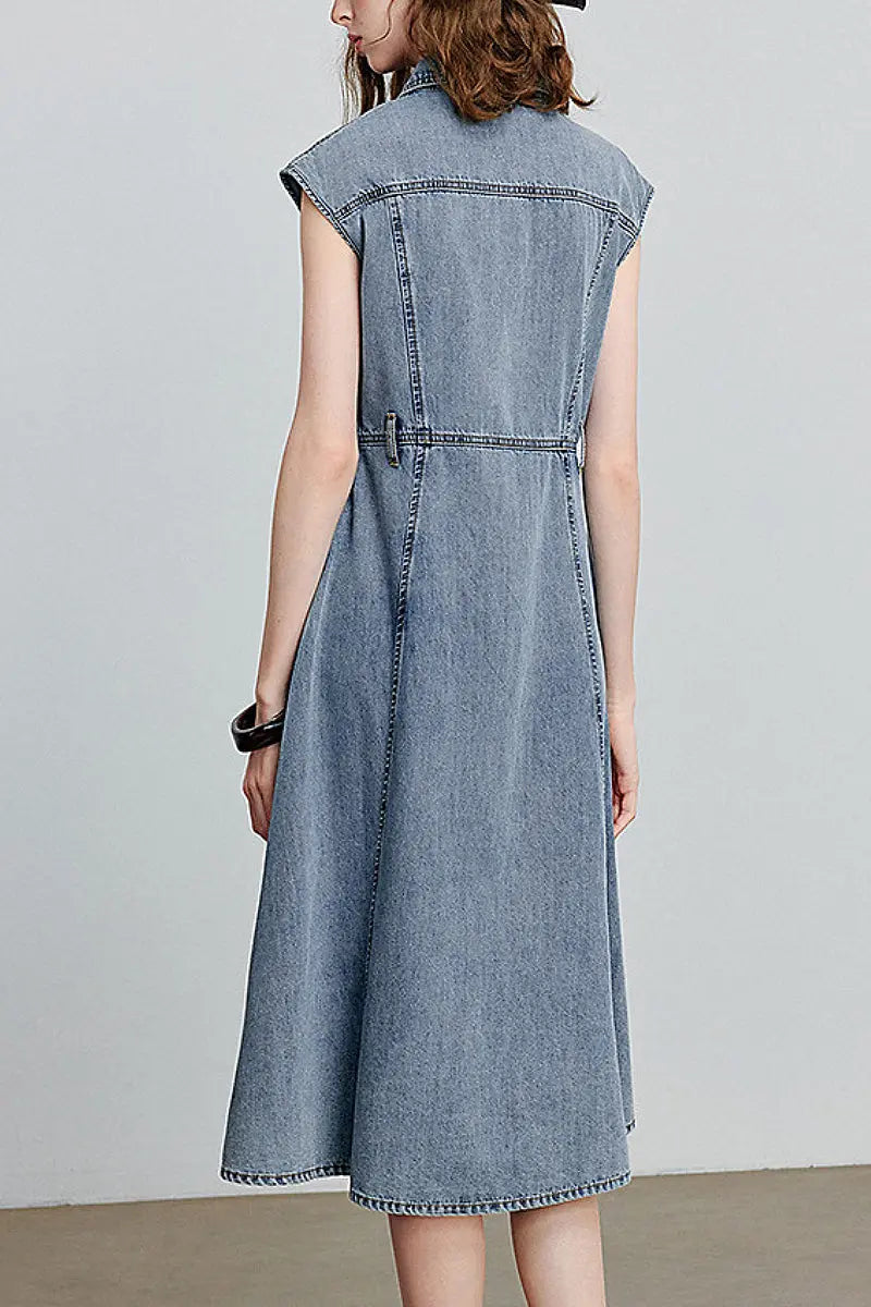 Vintage-Inspired Sleeveless Utility Denim Midi Dress