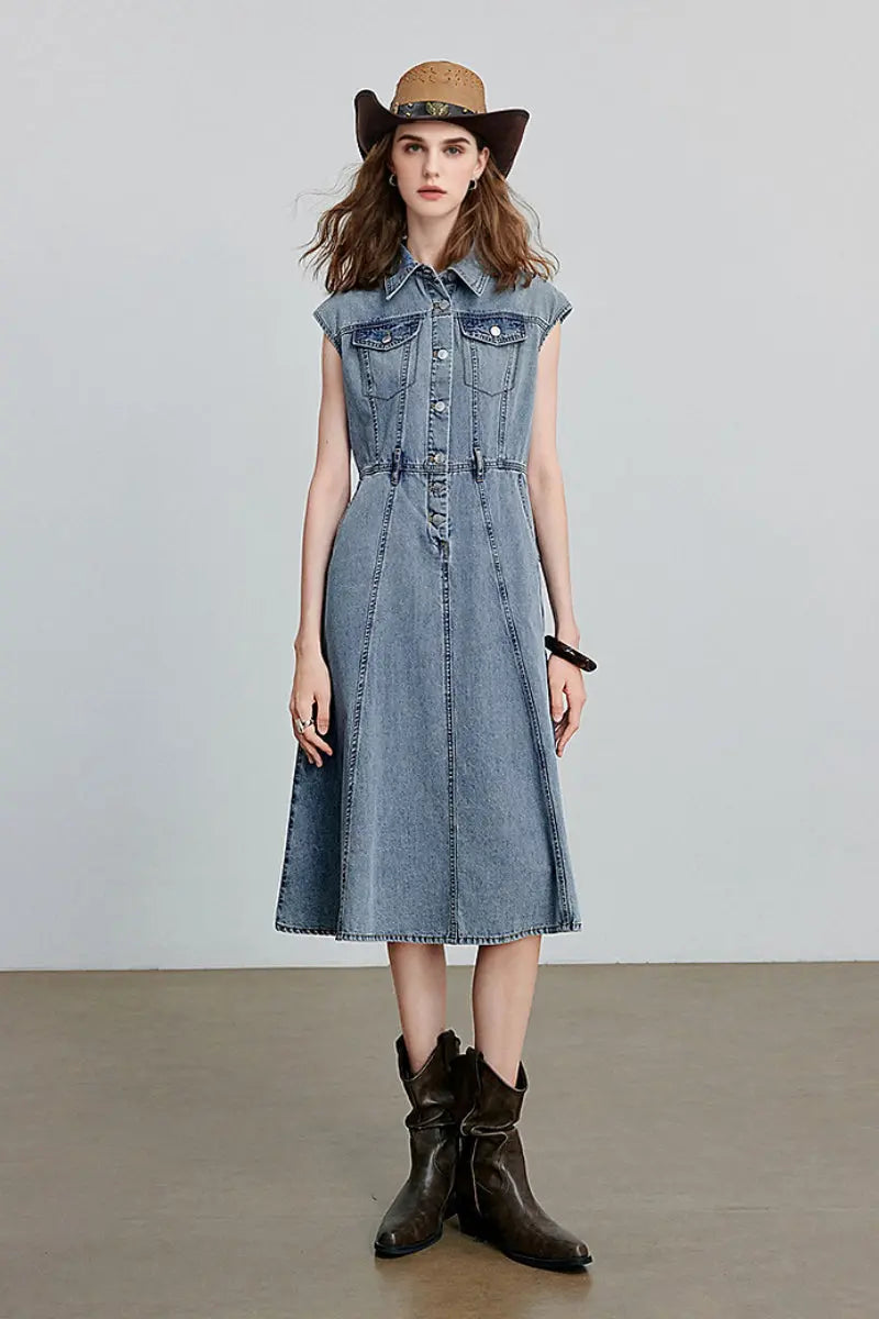 Vintage-Inspired Sleeveless Utility Denim Midi Dress