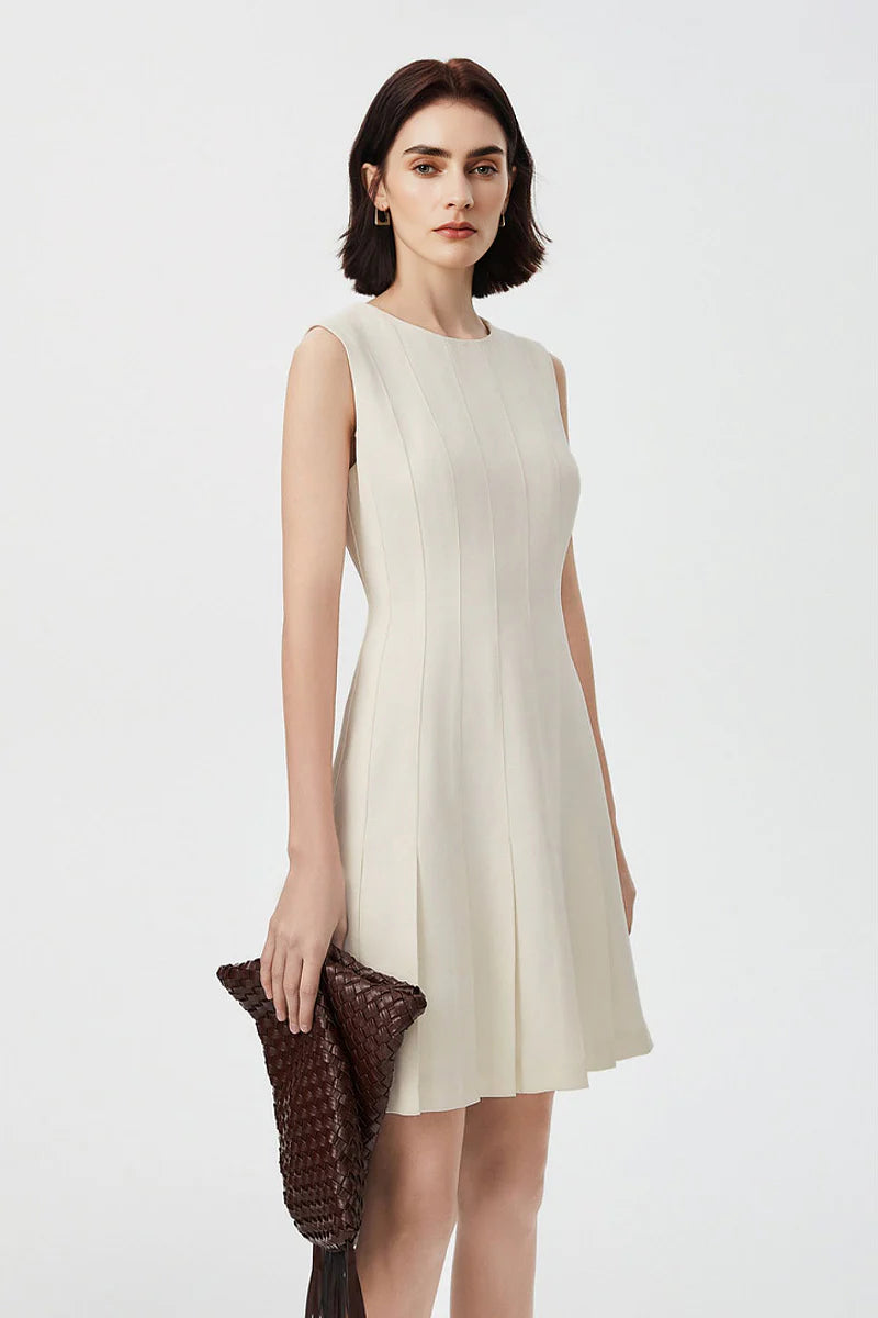 White Pleated Sleeveless A-Line Mini Dress in Triacetate