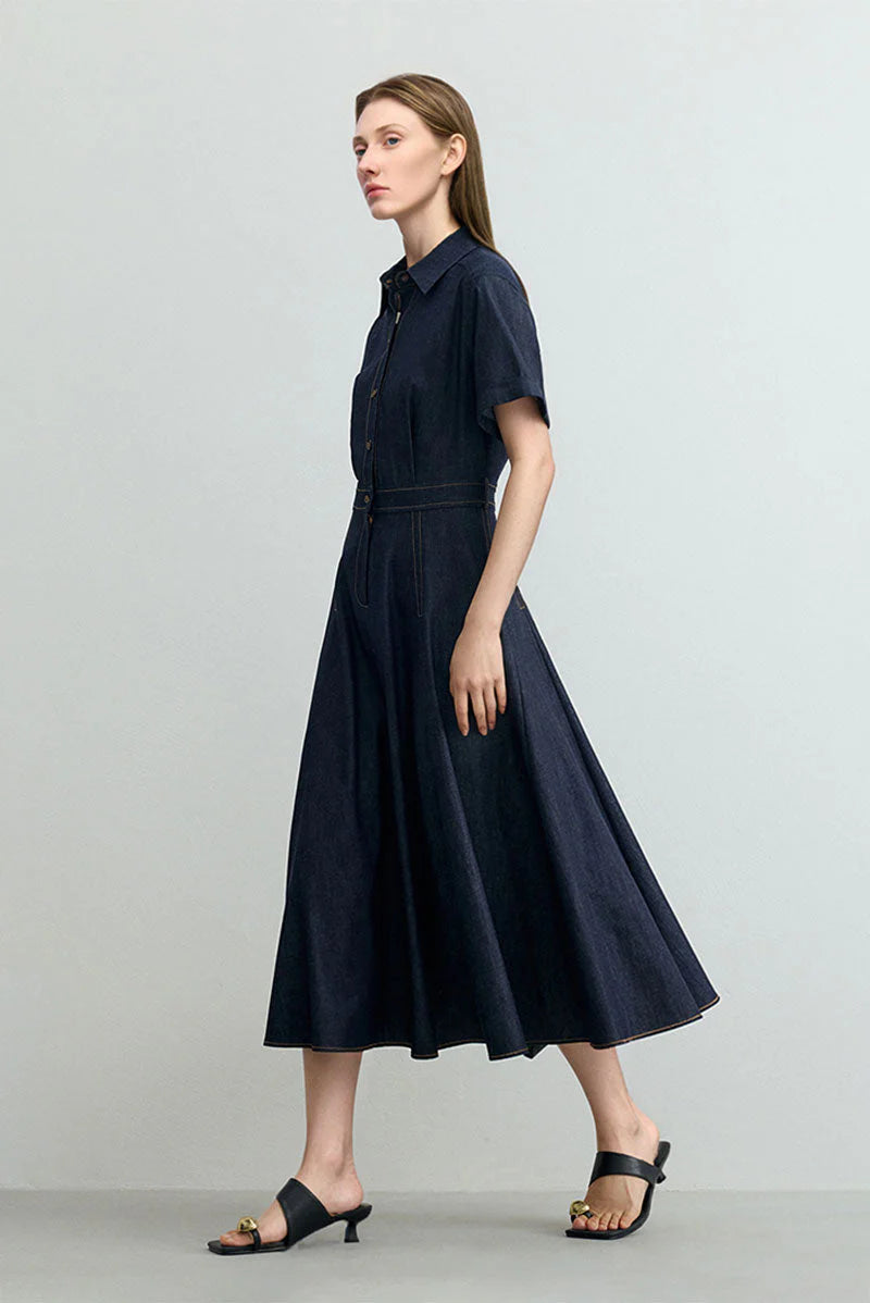 Tencel Denim Short-Sleeve Button-Up Midi Shirt Dress