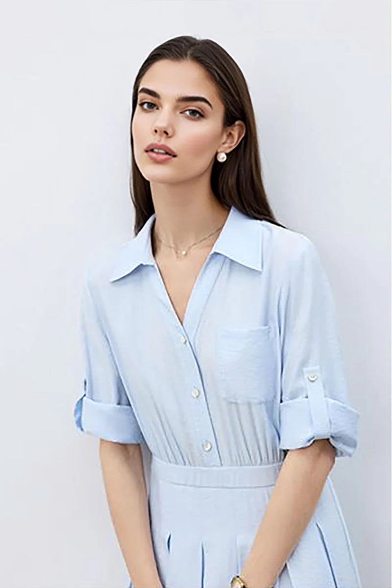 Baby Blue Long Sleeve Midi Shirt Dress
