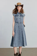 Vintage-Inspired Sleeveless Utility Denim Midi Dress