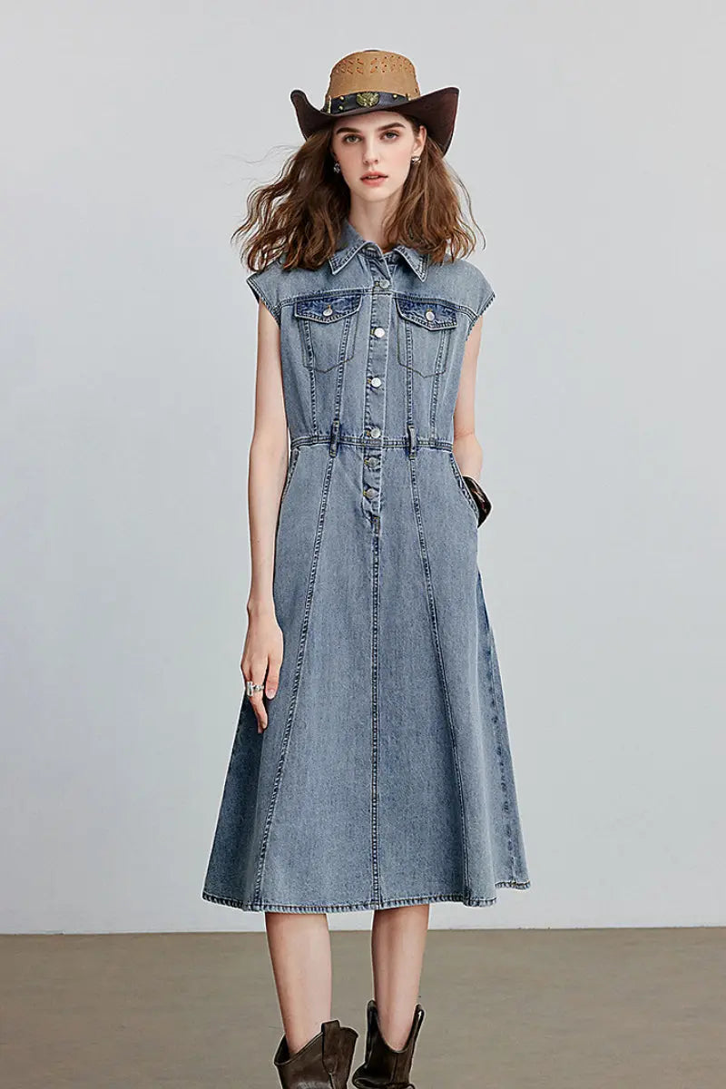 Vintage-Inspired Sleeveless Utility Denim Midi Dress