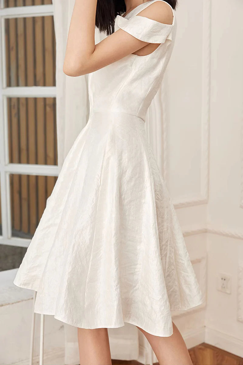 White Asymmetrical Sleeve Midi Graduation Dress