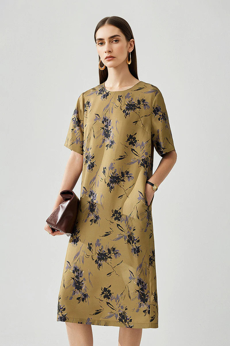 100% Silk Floral Midi Shift Dress with Pockets in Khaki
